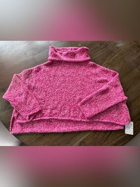 Free People Pink Cropped Bouclé Turtleneck Sweater